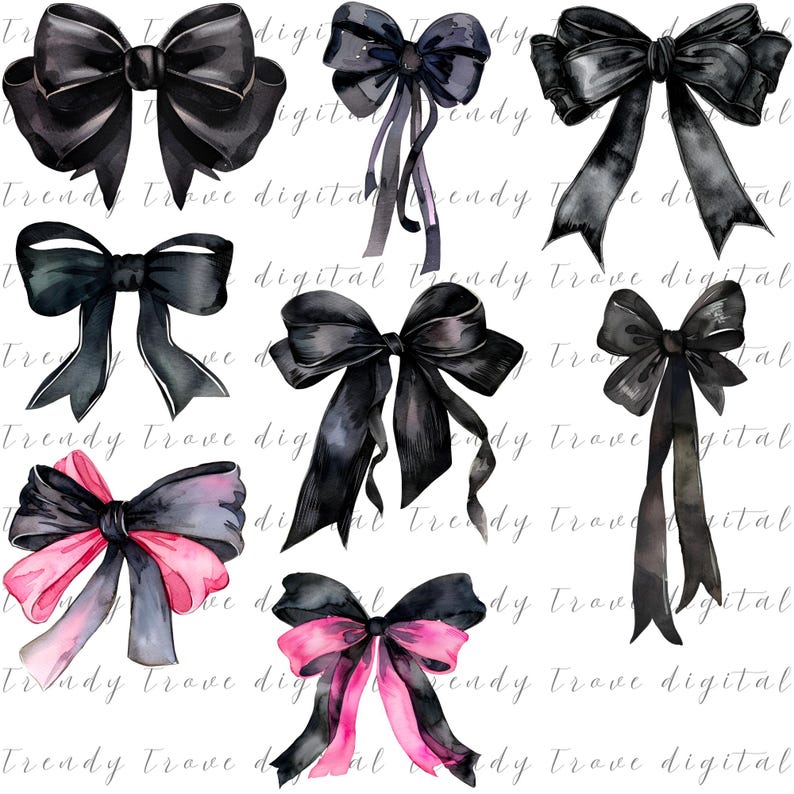 Dark Watercolor Bow Clipart: Coquette Gothic Ribbon PNG Bundle (Instant Download) image 3