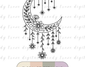 Hanging Moon Dreamcatcher SVG – Floral Crescent Line Art Celestial Cut File