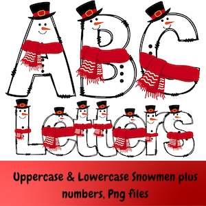 Snowman Alphabet Doodles, Uppercase and Lowercase, Fonts, Numbers, PNG Files