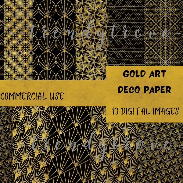 Art Deco Digital Paper, seamless retro art deco patterns in black and gold for commercial use