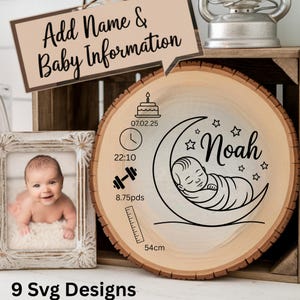 Bundle de statistiques bébé nouveau-né, faire-part de naissance SVG, poids à la naissance, temps, longueur, nom de bébé signe, Cricut, sublimation, décoration de chambre d'enfant