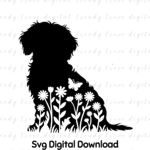 May include: Black silhouette of a dog with a fluffy coat, sitting amidst a field of flowers and a butterfly. The image includes the text "Svg Digital Download" at the bottom.