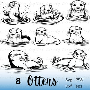 Imágenes prediseñadas de nutria nadadora, nutria linda png, paquete de nutria SVG, archivo de corte de vida silvestre, nutria de río PNG, silueta de nutria SVG, descarga digital