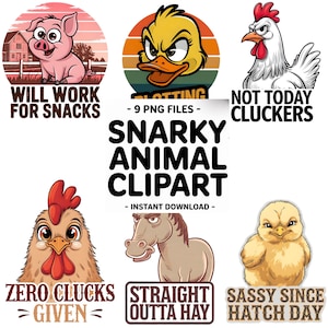 Snarky Farm Animal PNG Clipart Bundle: Funny Designs (Instant Download)