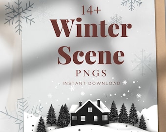 May include: A digital illustration of a winter scene with a house, trees, and snow. The text "14+ Winter Scene PNGs Instant Download" is in the image.
