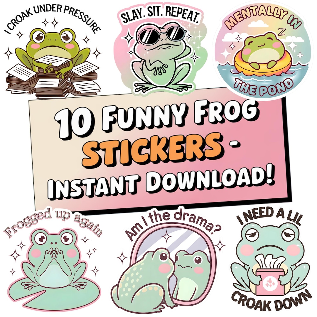 Funny Frog Stickers: Mental Health Clipart Bundle (PNG, Digital ...