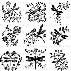 May include: Nine black and white digital illustrations of dragonflies with floral designs. The dragonflies are in various poses and the floral designs are intricate and detailed.
