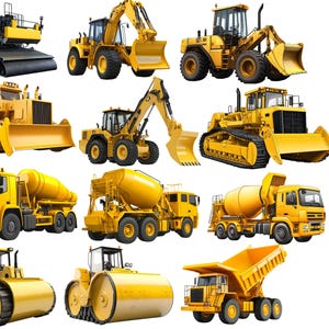 Bundle de clipart machinerie lourde, 19 véhicules de construction PNG, excavatrice bulldozer camion à benne basculante Clip Art, usage commercial, téléchargement immédiat