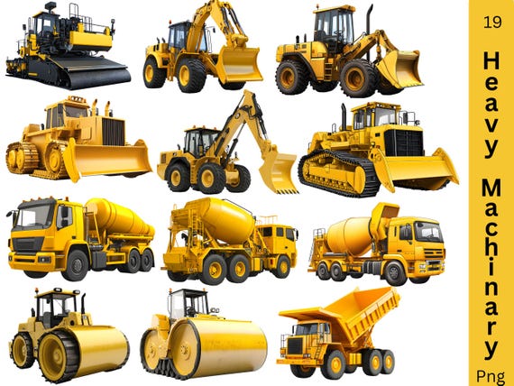 Construction Vehicle Clipart Bundle: 19 PNG Heavy Machinery (Instant Download)