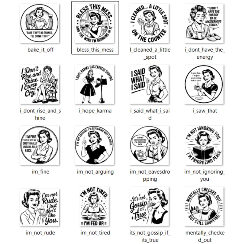 May include: A collection of black and white retro-style stickers featuring vintage illustrations of women with humorous phrases. The stickers include quotes like "Bless This Mess" and "I'm Not Arguing."
