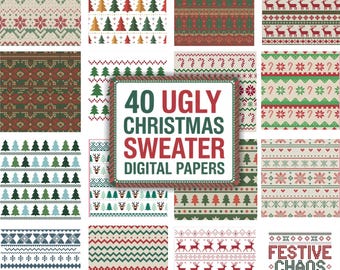 May include: A collection of 40 digital papers with various ugly Christmas sweater patterns. Designs include trees, reindeer, snowflakes, and geometric shapes in red, green, and white. The central image features the text "40 UGLY CHRISTMAS SWEATER DIGITAL PAPERS."