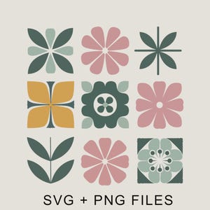 May include: Nine square floral designs in muted colors of pink, green, and yellow on a cream background. The designs include various stylized flowers and leaf patterns. The text "SVG + PNG FILES" is at the bottom.