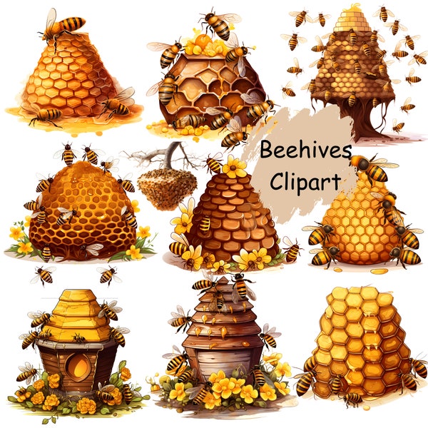 Beehives Clipart Collection, High-Resolution PNG, Set of 10 Unique Designs, 300dpi, Large 3600x3600 Pixels