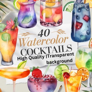 Clipart cocktail aquarelle, boisson tropicale PNG, cocktail d'été PNG, margarita aquarelle, mojito PNG, clipart menu bar, conception par sublimation