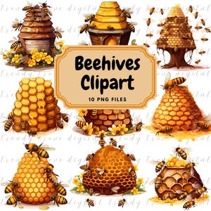 Beehive Clipart PNG Bundle, Honeycomb Bees, Digital Download, Bee Illustration, Watercolor Beehive PNG, Commercial Use, Sublimation Graphics