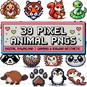 Könnte beinhalten: Ein Set mit 39 Pixel-Art-Tier-PNGs im Kawaii-Stil. Die Tiere umfassen einen Truthahn, einen Tiger, ein Eichhörnchen, eine Schlange, einen Waschbär, einen Igel, einen Panda, einen Schnabeltier, einen Pfotenabdruck und einen Pinguin. Die Bilder sind perfekt für den Einsatz in digitalen Projekten wie Spielentwicklung, Webdesign oder Social-Media-Grafiken.