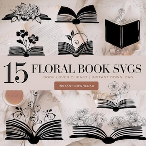 Floral boek SVG-bundel, esthetische boek clipart, open boek met bloemen PNG, vintage literaire illustratie, sticker lezen, Instant Download