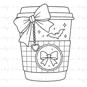 May include: A black and white line art illustration of a coffee cup featuring a large bow at the top, a hanging chain with a heart charm, a bat silhouette, and a checkered sleeve with a circular emblem containing a smaller bow and star accents.