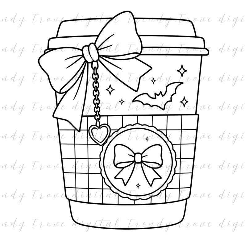 May include: A black and white line art illustration of a coffee cup featuring a large bow at the top, a hanging chain with a heart charm, a bat silhouette, and a checkered sleeve with a circular emblem containing a smaller bow and star accents.