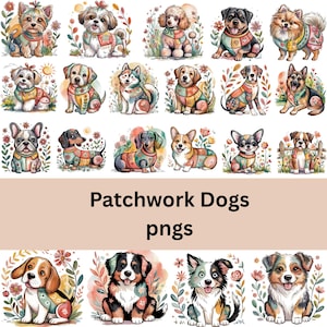 May include: A series of watercolour illustrations featuring different dog breeds, each wearing patchwork clothing and set against floral backgrounds. The text "Patchwork Dogs pngs" is displayed beneath the images.
