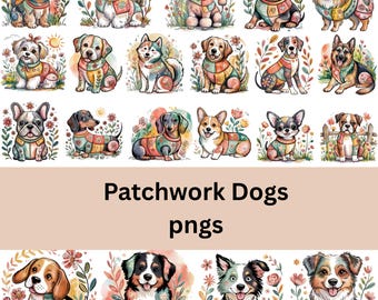 Pode incluir: Ilustrações em aquarela de várias raças de cães, cada uma adornada com roupas em estilo patchwork e rodeada por elementos florais. O texto "Patchwork Dogs pngs" é exibido abaixo das imagens.