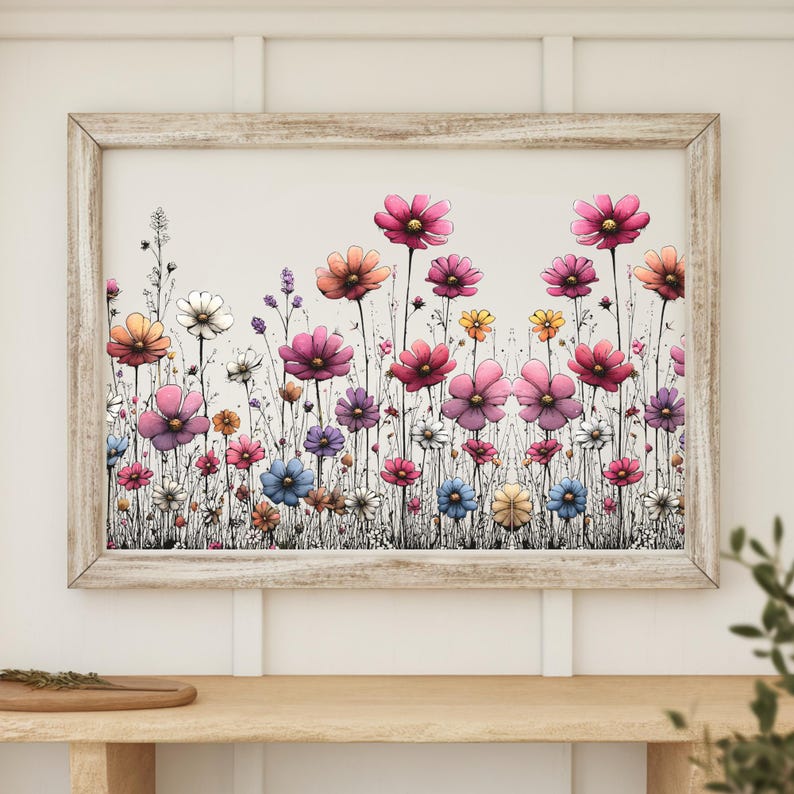 Puede incluir: Una impresi&oacute;n enmarcada de un arreglo floral colorido. La obra de arte presenta una variedad de flores en tonos rosa, naranja, amarillo, azul y blanco, sobre un fondo neutro. El marco es de madera clara y envejecida.