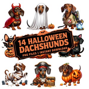 May include: A set of 14 digital illustrations of Dachshunds dressed in Halloween costumes. The illustrations include a ghost, a pirate, a mummy, a pumpkin, a witch, a vampire, a ghostbuster, and more. The illustrations are in PNG format and are available for instant download. 14 HALLOWEEN DACHSHUNDS PNG FILES | INSTANT DOWNLOAD