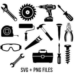 May include: Black and white illustration of various tools, including a wrench, saw blade, drill, screwdrivers, tape measure, paint roller, hammer, nail, pliers, safety glasses, saw, toolbox, and screw. The text "SVG + PNG FILES" is at the bottom.