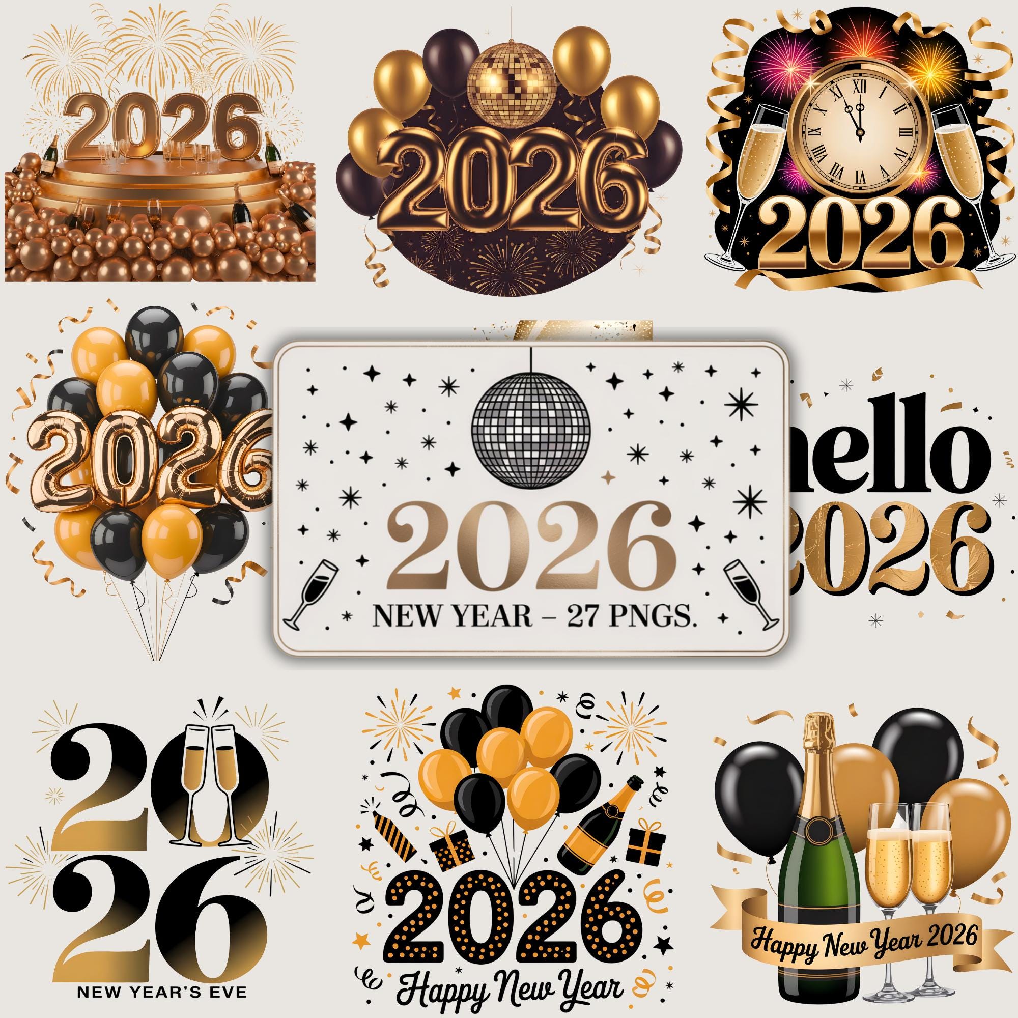 2026 New Year PNG Bundle, 27 Gold & Black Clipart Elements 