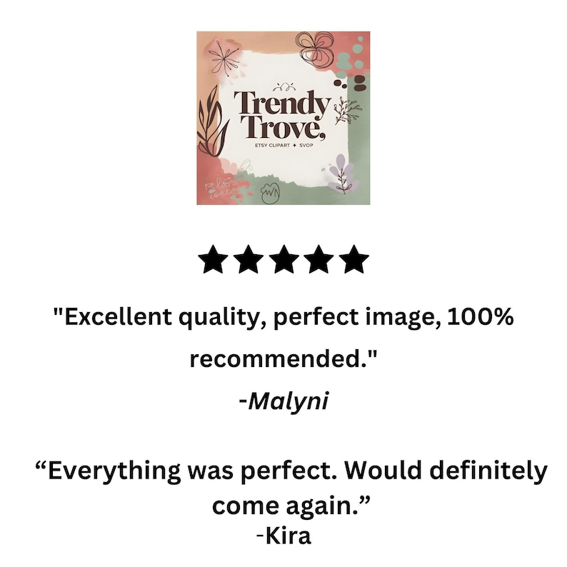 Puede incluir: Cinco estrellas de calificaci&oacute;n para Trendy Trove, una tienda de Etsy de clipart. La rese&ntilde;a dice: "Excelente calidad, imagen perfecta, 100% recomendado." -Malyni y "Todo fue perfecto. Definitivamente volver&iacute;a." -Kira.