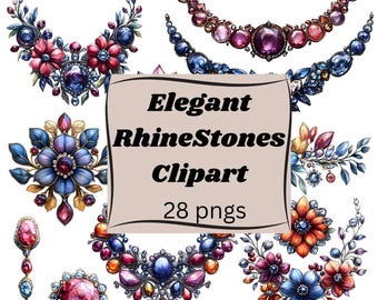 Luxury Rhinestone Clipart: Gemstone Jewelry PNG Bundle (28 Piece)