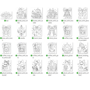 May include: A collection of twenty-four black and white line art illustrations featuring ghosts, bows, coffee mugs, and books. Each square design displays distinct motifs including pumpkins, candles, stars, and moons, presented as a grid of coloring pages.