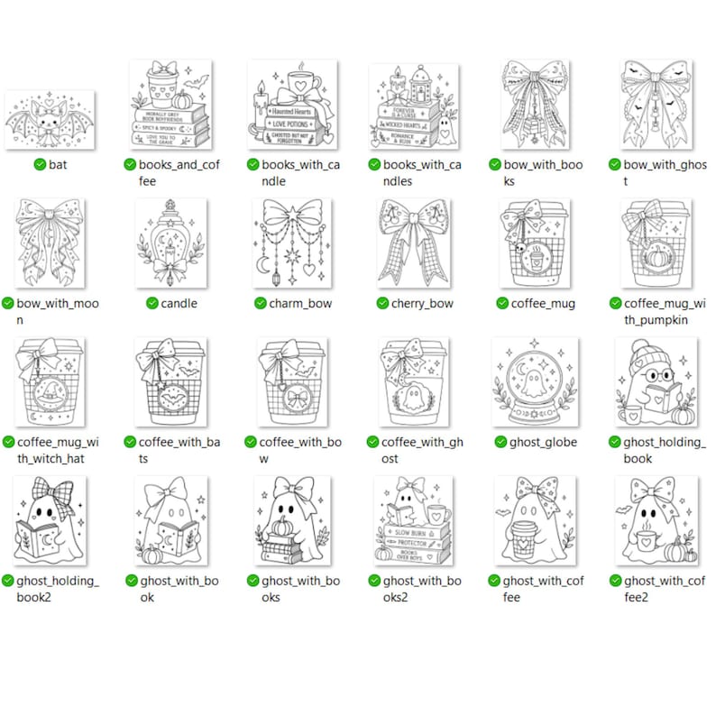 May include: A collection of twenty-four black and white line art illustrations featuring ghosts, bows, coffee mugs, and books. Each square design displays distinct motifs including pumpkins, candles, stars, and moons, presented as a grid of coloring pages.