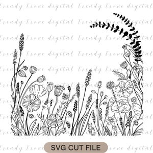 Puede incluir: Ilustración en blanco y negro de un prado de flores silvestres con varias flores y hierbas. El diseño incluye el texto "SVG CUT FILE" en la parte inferior. Ideal para proyectos de manualidades digitales, esta imagen presenta un tema natural.