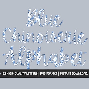 Alfabeto Chinoiserie Azul, Letras Florais PNG, Fonte Blue Willow, Maiúsculas e Minúsculas, Monograma Elegante, Clipart de Sublimação, Decoração DIY