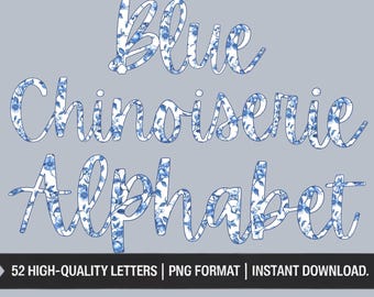 Alfabeto floral chinoiserie azul PNG: Fuente monograma elegante (descarga digital)