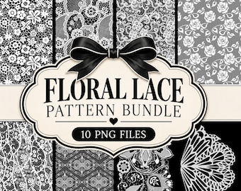 May include: A digital collection of ten black and white floral lace patterns featuring intricate botanical designs and geometric motifs. The central label displays the text FLORAL LACE PATTERN BUNDLE and 10 PNG FILES with a black ribbon bow.