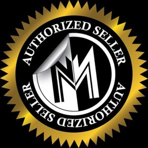 May include: A gold starburst sticker with the text "AUTHORIZED SELLER" in black lettering around a black circle with a white letter "M" inside. The sticker is peeling back to reveal a silver background.