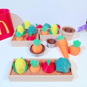 May include: A set of wooden toy crates filled with colorful plastic vegetables, including carrots, corn, radishes, and broccoli. There are also two small pots, one with a carrot and one with a radish.