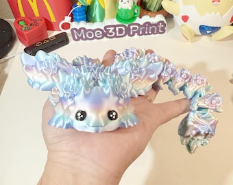 3D Printed Axolotl Kosha & Baby Kosha | MoeHearts Articulated Axolotl Dragon | Flower Dragon with Wings in Pastel Rainbow Colors | Flexi