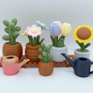Puede incluir: Un conjunto de seis plantas en maceta miniatura con flores de colores y una pequeña regadera rosa y una pequeña regadera azul. Las plantas están en varios estilos de macetas, incluyendo una maceta de mimbre marrón, una maceta de mimbre blanca y una maceta de cerámica marrón.