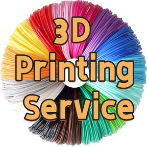 May include: A circular arrangement of colorful 3D printing filament in a rainbow pattern. The image features the text "3D Printing Service" in orange letters with a black outline.