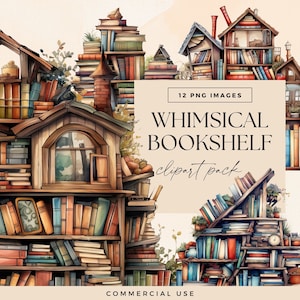 Whimsical Bookshelf Clip Art Pack, Library Clipart, Fun Reading Graphics, Transparent PNG, Commercial Use, Reading Lovers Images, Bookworm