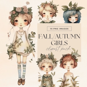 Fall Girls Clip Art Clipart Pack, PNG transparentes, Chica acuarela, Fantasía de diario basura, Muñecas de papel de otoño, Comercial, Arte botánico
