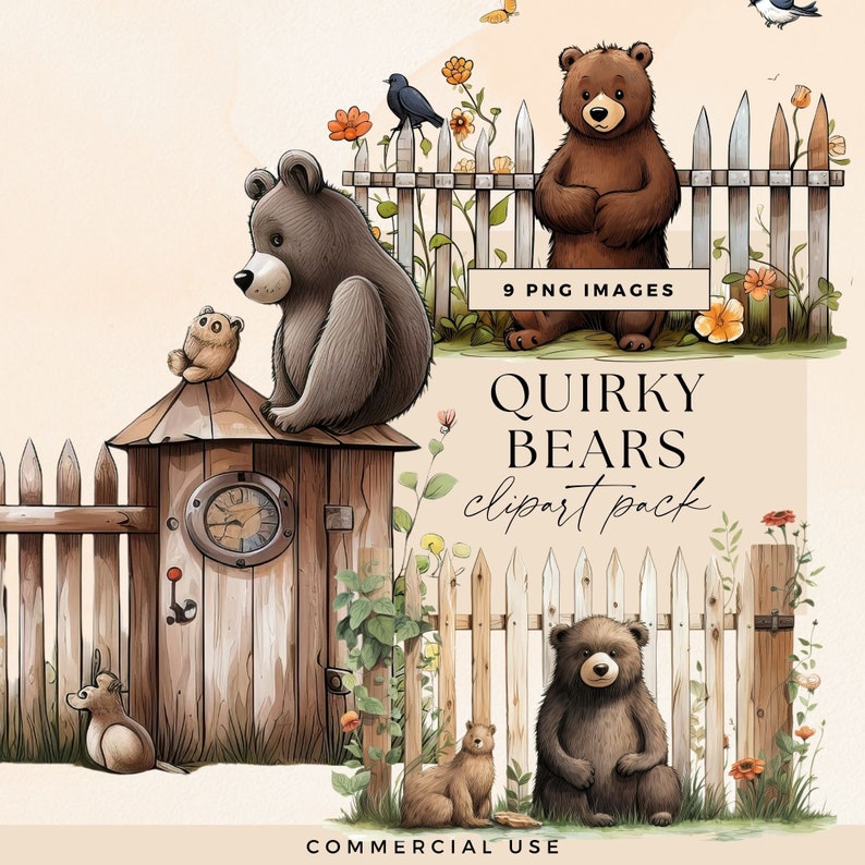 Whimsical Bear Clipart Bundle, Transparent PNG, Quirky Art, Whimsy ...