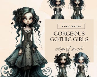 Gothic Fashion Girl Clipart PNG, Goth Watercolor Paper Dolls, Junk Journal Characters, Spooky Fairytale Art Graphics, Dark Fantasy Clip Art