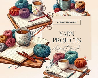 Peut inclure: Illustration de projets de fil. L'image présente diverses pelotes de fil colorées, des crayons, des cahiers ouverts et des tasses de café. Le texte "YARN PROJECTS clipart pack" est visible, ainsi que "4 PNG images" et "COMMERCIAL USE".