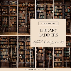 Library Digital Papers, Reading Room Printable, Scrapbooking, Book Lover pages, Reader Junk Journal, Ladder Bookshelves, Digital Background