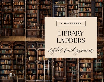 Library Digital Papers, Reading Room Printable, Scrapbooking, Book Lover pages, Reader Junk Journal, Ladder Bookshelves, Digital Background