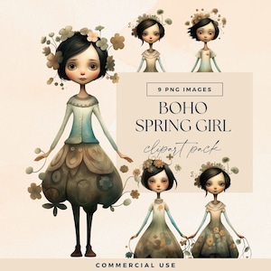 Boho Spring Girl Clipart Pack, PNG, Cute Floral Springtime Dolls Clip Art, Mystical Forest Junk Journal, Pretty Garden Characters Ephemera